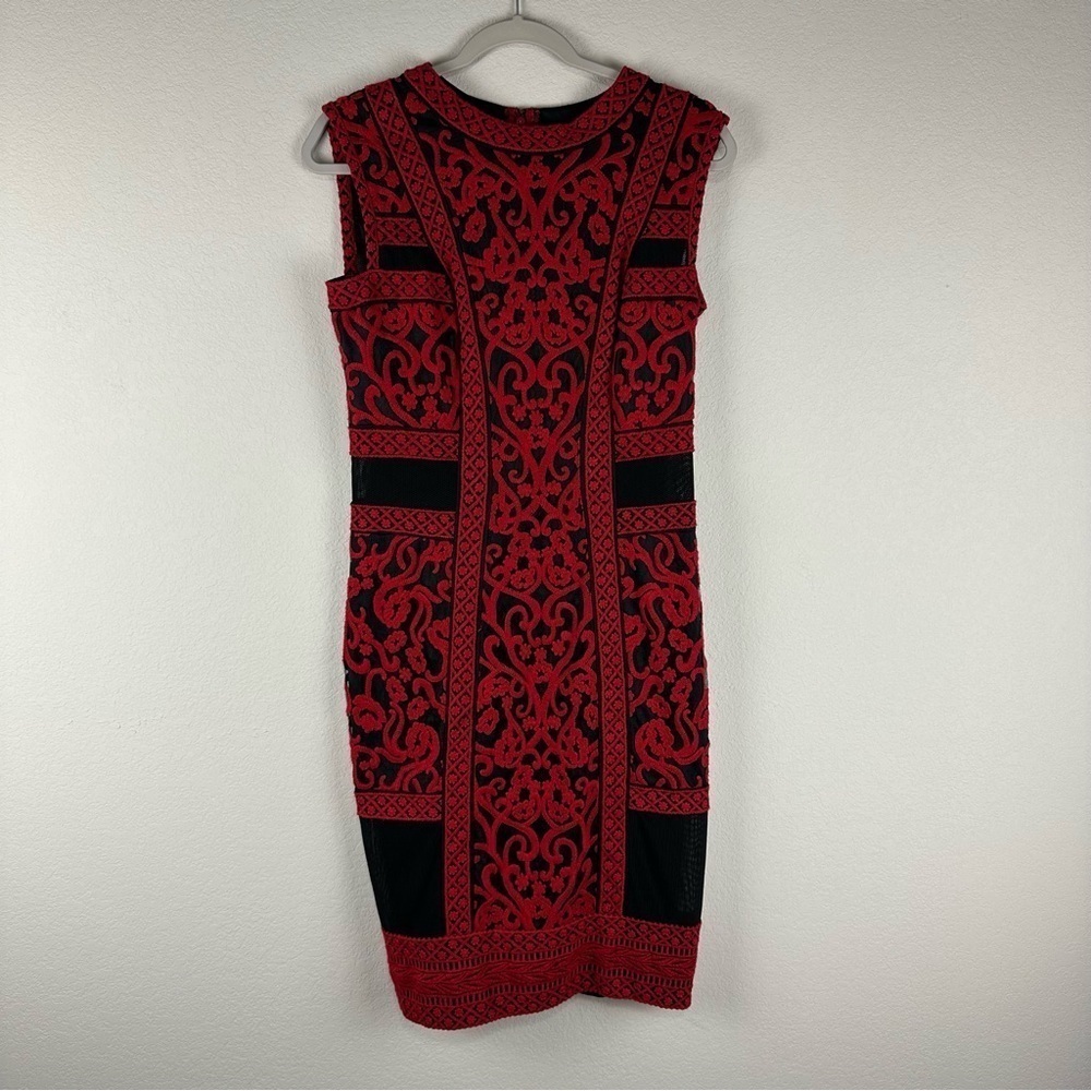 Tadashi Shoji Red Black Crewel Embroidered Cap Sleeve Knee Length Dress Size 8